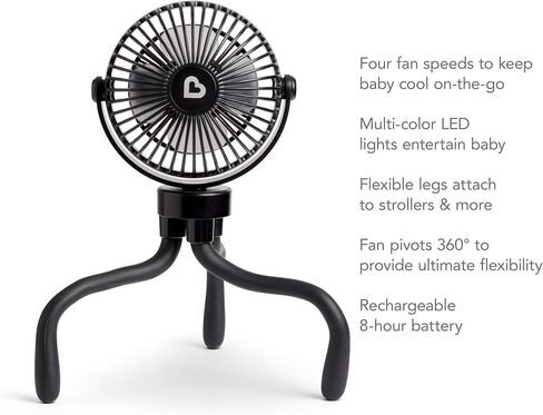 Munchkin® Stroller Fan - Portable Baby Cooling System with 4 Speeds, Rechargeable Battery, and Entertaining LED Lights, Black with Multicolored Lights in Saudi Arabia