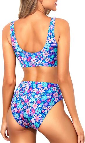 Tempt Me Women Black Sporty High Waisted Bikini Two Piece Ribbed Swimsuit Scoop Neck Bathing Suit with Bottoms L in Saudi Arabia