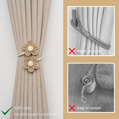 NICEEC 4 Pack Cute Hand-Woven Flower Curtain Tiebacks Boho Farmhouse Style Home Decor Drape Tie Backs Adjustable Natural Cotton Rope Curtain Holdbacks for Home Office Window Draperies (C-Coffee) in Saudi Arabia