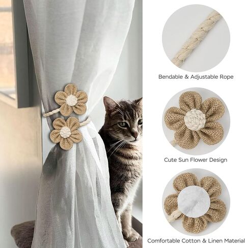 NICEEC 4 Pack Cute Hand-Woven Flower Curtain Tiebacks Boho Farmhouse Style Home Decor Drape Tie Backs Adjustable Natural Cotton Rope Curtain Holdbacks for Home Office Window Draperies (C-Coffee) in Saudi Arabia