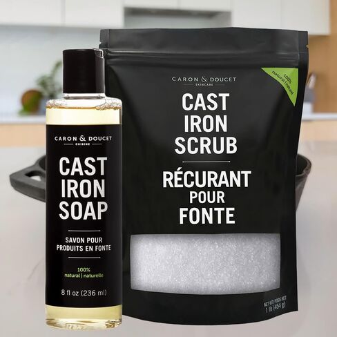 Caron Doucet - Cast Iron Cleaning Bundle - Cast Iron Soap & Cast Iron Scrub - 100% Plant Based Formulation - Removes Rust, Food Debris and Baked on Food While Seasoning The Cast Iron. in Saudi Arabia