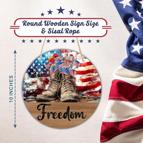 4Th Of July Hanging Wooden Sign With Sisal Rope - 10 Inches Round Door Sign, Patriotic Decor Wooden Plaque, Welcome Sign For Front Door, Home & Office Decoration & Accessories - D09 in Saudi Arabia