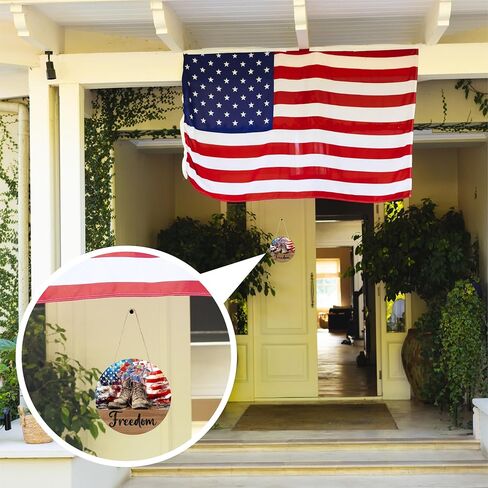4Th Of July Hanging Wooden Sign With Sisal Rope - 10 Inches Round Door Sign, Patriotic Decor Wooden Plaque, Welcome Sign For Front Door, Home & Office Decoration & Accessories - D09 in Saudi Arabia