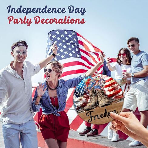 4Th Of July Hanging Wooden Sign With Sisal Rope - 10 Inches Round Door Sign, Patriotic Decor Wooden Plaque, Welcome Sign For Front Door, Home & Office Decoration & Accessories - D09 in Saudi Arabia