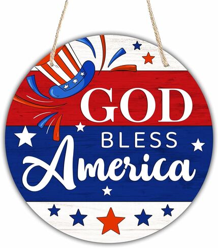 4Th Of July Hanging Wooden Sign With Sisal Rope - 10 Inches Round Door Sign, Patriotic Decor Wooden Plaque, Welcome Sign For Front Door, Home & Office Decoration & Accessories - D09 in Saudi Arabia