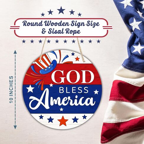 4Th Of July Hanging Wooden Sign With Sisal Rope - 10 Inches Round Door Sign, Patriotic Decor Wooden Plaque, Welcome Sign For Front Door, Home & Office Decoration & Accessories - D09 in Saudi Arabia