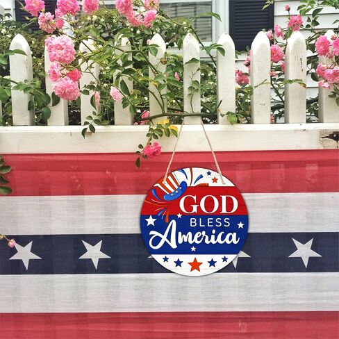 4Th Of July Hanging Wooden Sign With Sisal Rope - 10 Inches Round Door Sign, Patriotic Decor Wooden Plaque, Welcome Sign For Front Door, Home & Office Decoration & Accessories - D09 in Saudi Arabia