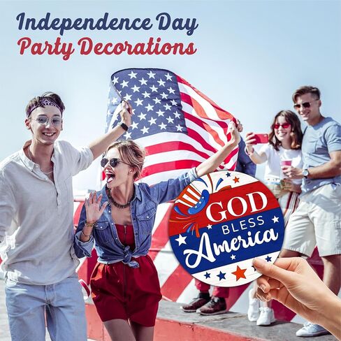 4Th Of July Hanging Wooden Sign With Sisal Rope - 10 Inches Round Door Sign, Patriotic Decor Wooden Plaque, Welcome Sign For Front Door, Home & Office Decoration & Accessories - D09 in Saudi Arabia