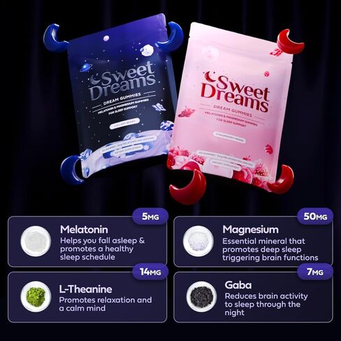 مساعد النوم الطبيعي من SweetDreams Dream Gummies للبالغين، 5 ملغ من الميلاتونين والمغنيسيوم وL-الثيانين - مكمل غذائي نباتي - علكات الميلاتونين لدورات النوم العميق المريحة (قمر الفراولة) in Saudi Arabia