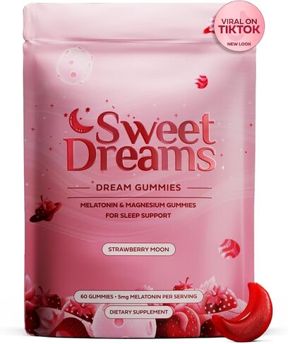 مساعد النوم الطبيعي من SweetDreams Dream Gummies للبالغين، 5 ملغ من الميلاتونين والمغنيسيوم وL-الثيانين - مكمل غذائي نباتي - علكات الميلاتونين لدورات النوم العميق المريحة (قمر الفراولة) in Saudi Arabia
