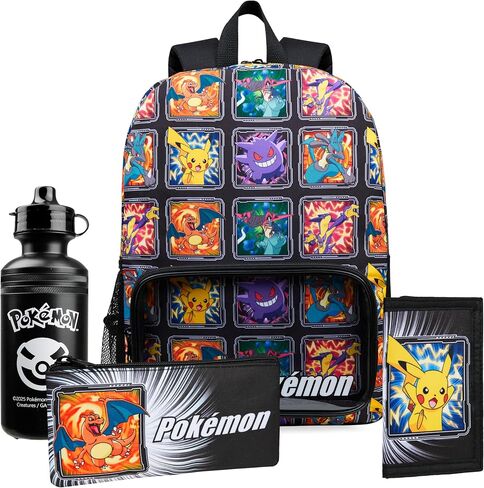 Pokemon Kids Backpack 4 Piece Set School Supplies Rucksack Insulated Lunch Box Kids Pencil Case BPA Free 500ml Water Bottle Pikachu Back to School Gifts for Boys (Black/Multi) in Saudi Arabia