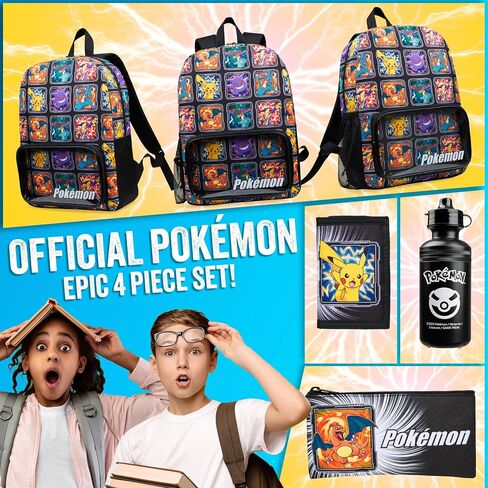 Pokemon Kids Backpack 4 Piece Set School Supplies Rucksack Insulated Lunch Box Kids Pencil Case BPA Free 500ml Water Bottle Pikachu Back to School Gifts for Boys (Black/Multi) in Saudi Arabia