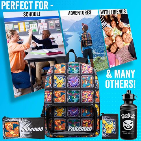Pokemon Kids Backpack 4 Piece Set School Supplies Rucksack Insulated Lunch Box Kids Pencil Case BPA Free 500ml Water Bottle Pikachu Back to School Gifts for Boys (Black/Multi) in Saudi Arabia