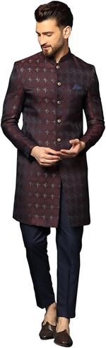 طقم بنطلون Indo Western Sherwani للرجال من KISAH، مزيج من حرير الزيتون، تصميم منسوج، ياقة ماندرين وأكمام طويلة (M) in Kuwait