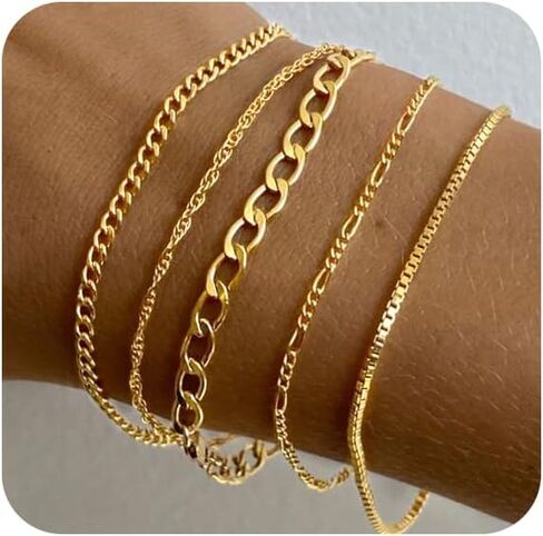 5 قطع من أساور سلسلة ذهبية للنساء، سوار شفاه أنيق مطلي بالذهب عيار 14 قيراط قابل للتعديل، مجموعة أساور رفيعة قابلة للتكديس للفتيات المراهقات in Kuwait