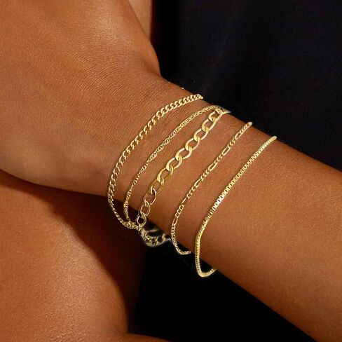 5 قطع من أساور سلسلة ذهبية للنساء، سوار شفاه أنيق مطلي بالذهب عيار 14 قيراط قابل للتعديل، مجموعة أساور رفيعة قابلة للتكديس للفتيات المراهقات in Kuwait