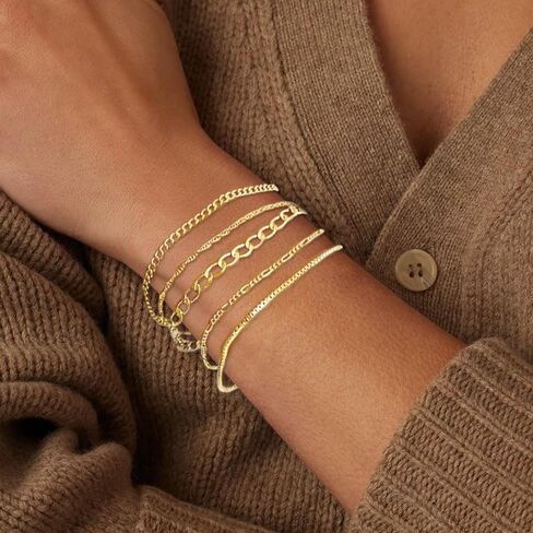 5 قطع من أساور سلسلة ذهبية للنساء، سوار شفاه أنيق مطلي بالذهب عيار 14 قيراط قابل للتعديل، مجموعة أساور رفيعة قابلة للتكديس للفتيات المراهقات in Kuwait