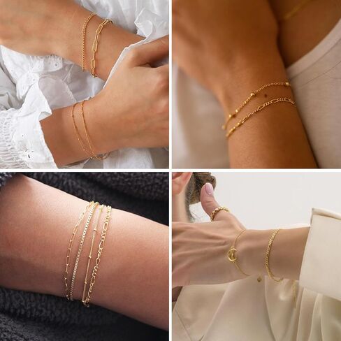 5 قطع من أساور سلسلة ذهبية للنساء، سوار شفاه أنيق مطلي بالذهب عيار 14 قيراط قابل للتعديل، مجموعة أساور رفيعة قابلة للتكديس للفتيات المراهقات in Kuwait