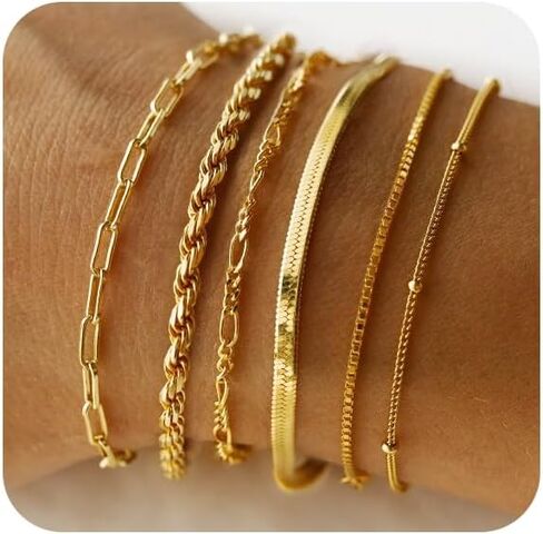 5 قطع من أساور سلسلة ذهبية للنساء، سوار شفاه أنيق مطلي بالذهب عيار 14 قيراط قابل للتعديل، مجموعة أساور رفيعة قابلة للتكديس للفتيات المراهقات in Kuwait
