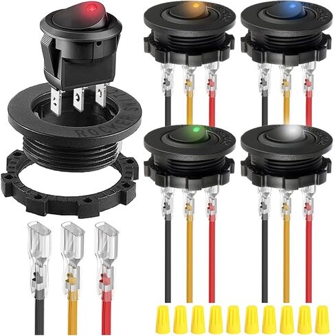 4Pcs Round Rocker Switch Shell DC 12V 20A 24V 10A,Yellow LED Lighted Switch SPST 3 Pin On Off 12 Volt DC Toggle Switch for Automotive Car Boat RV with Round Shell Locked Terminal Wires in Saudi Arabia