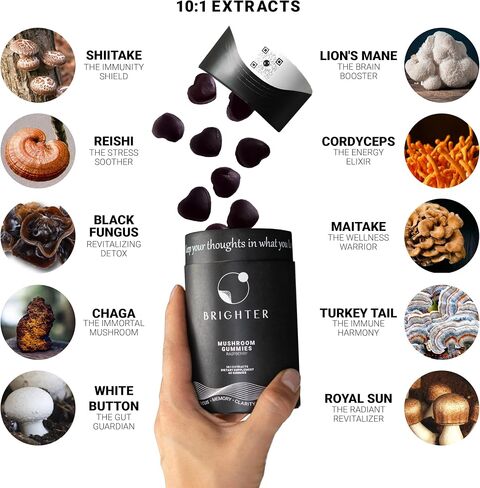 فطر Gummies Lions Mane 10 - نباتي، خالي من السكر، خالي من الغلوتين، عضوي، نباتي - تشاجا، كورديسيبس، ريشي، فطر ذيل الديك الرومي والمزيد in Saudi Arabia