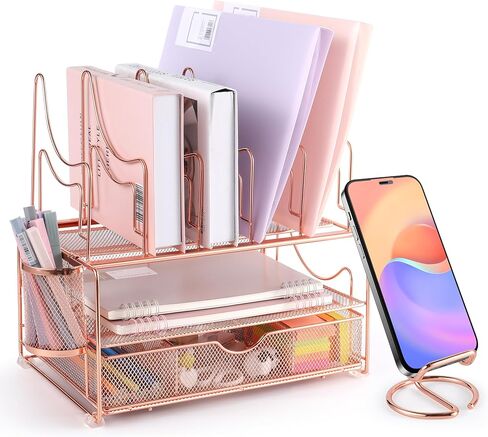 Desk File Organizer with Sliding Drawer 3-Tier Office Desktop Organizer File Holder Cute Desk Paper Letter Tray Organizer with 5 File Sorter Holders, 1 Pen Holder and 1 Phone Holder Gift - Black in Kuwait