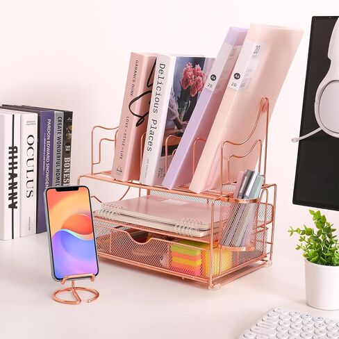 Desk File Organizer with Sliding Drawer 3-Tier Office Desktop Organizer File Holder Cute Desk Paper Letter Tray Organizer with 5 File Sorter Holders, 1 Pen Holder and 1 Phone Holder Gift - Black in Kuwait