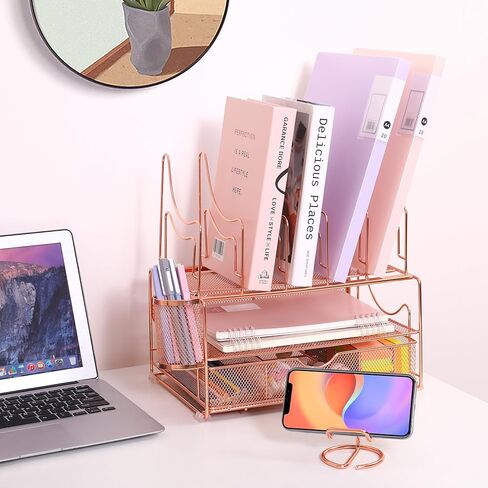 Desk File Organizer with Sliding Drawer 3-Tier Office Desktop Organizer File Holder Cute Desk Paper Letter Tray Organizer with 5 File Sorter Holders, 1 Pen Holder and 1 Phone Holder Gift - Black in Kuwait