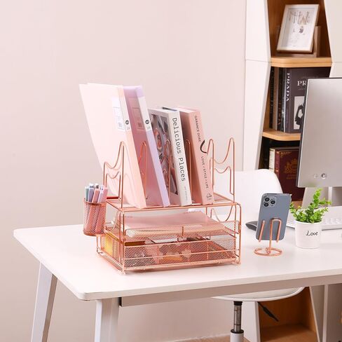 Desk File Organizer with Sliding Drawer 3-Tier Office Desktop Organizer File Holder Cute Desk Paper Letter Tray Organizer with 5 File Sorter Holders, 1 Pen Holder and 1 Phone Holder Gift - Black in Kuwait