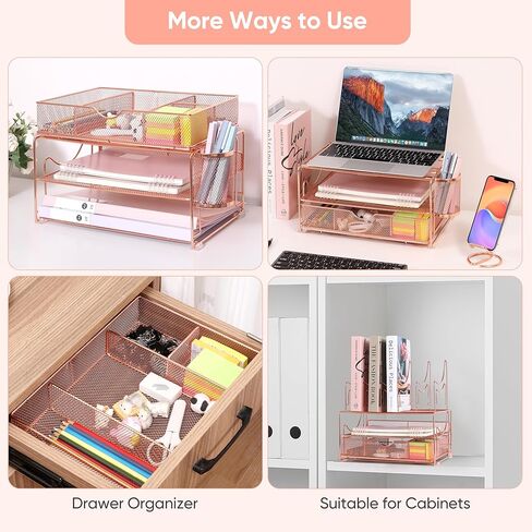 Desk File Organizer with Sliding Drawer 3-Tier Office Desktop Organizer File Holder Cute Desk Paper Letter Tray Organizer with 5 File Sorter Holders, 1 Pen Holder and 1 Phone Holder Gift - Black in Kuwait