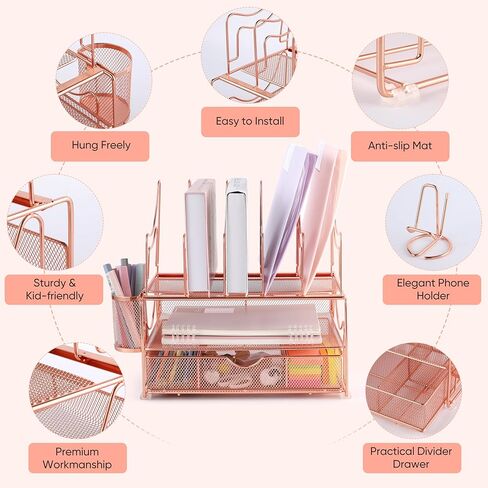 Desk File Organizer with Sliding Drawer 3-Tier Office Desktop Organizer File Holder Cute Desk Paper Letter Tray Organizer with 5 File Sorter Holders, 1 Pen Holder and 1 Phone Holder Gift - Black in Kuwait