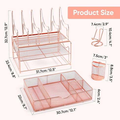 Desk File Organizer with Sliding Drawer 3-Tier Office Desktop Organizer File Holder Cute Desk Paper Letter Tray Organizer with 5 File Sorter Holders, 1 Pen Holder and 1 Phone Holder Gift - Black in Kuwait