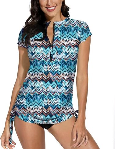 قميص سباحة نسائي بعامل حماية من الأشعة فوق البنفسجية 50+ قابل للتعديل، أكمام قصيرة أمامية، نصف سحاب، حماية من الطفح الجلدي، أكوا L in Kuwait