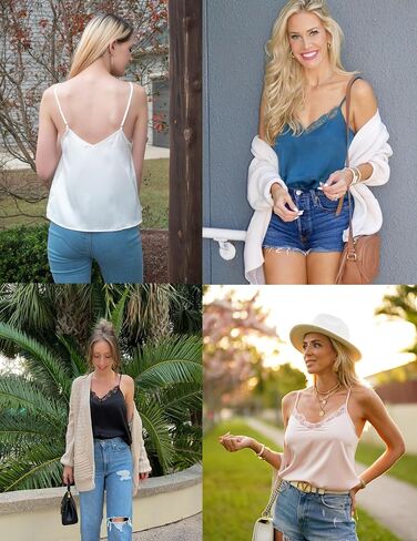Ekouaer Women's 2 PCS Satin Camisole Lace Cami V Neck Casual Spaghetti Strap Tank Tops Black & Champagne L in Saudi Arabia