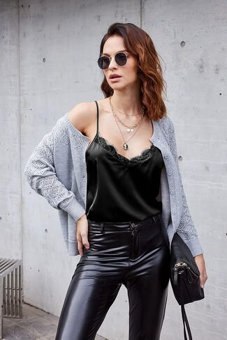 Ekouaer Women's 2 PCS Satin Camisole Lace Cami V Neck Casual Spaghetti Strap Tank Tops Black & Champagne L in Saudi Arabia