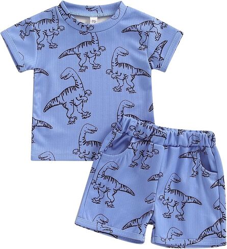 Rtnnsbbfcm Toddler Boy Summer Clothes Short Sleeve Dinosaur T Shirt Cartoon Shorts Baby Outfits Clothing Set (Dinosaur T Shirt Army Green, 18-24 Months) in Saudi Arabia