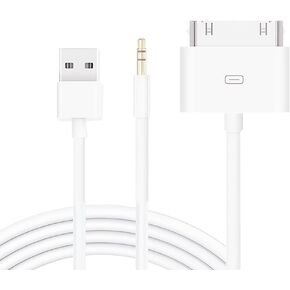 30 Pin to AUX USB, 30 Pin Charger Dock to 3.5mm Car AUX Audio USB Charger Cable Data Sync Transfer & Charging for Phone 3G 4G Pod Touch (White)