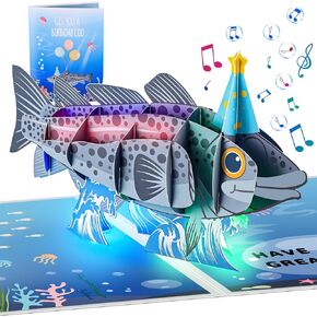 Funny Fish Themed 3D Pop Up Musical Birthday Cards For Men, Funny Greeting Card W/Lights and Happy Birthday Song for Dad, Men, Fisherman,Him, Husband, Grandpa