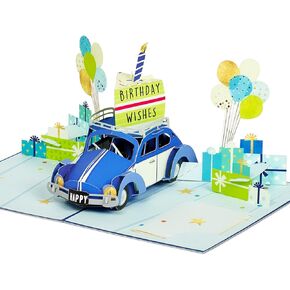 Birthday Pop Up Card, Blue Car, Beetle Bug, Volkswagen, Presents, Balloons, 3D Greeting Card, Ideal Gift for Son, Daughter, Boy, Girl, Grandson, Granddaughter, Men, Husband, Father 5x7
