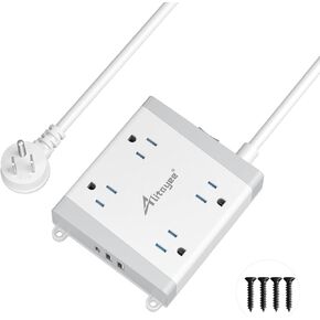 Alitayee Mountable Surge Protector Power Strip, Wall Mount Power Strip with 4 Outlets and 3 USB, Flat Plug, Shutter Safety and Circuit Breaker Switch, 6 Ft Extension Cord for College Home Office Dorm