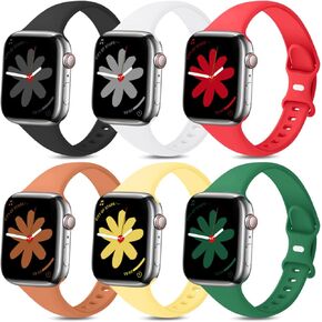 6 Pack Bands Compatible with Apple Watch Slim Skinny Thin Band 38mm 40mm 41mm 42mm 44mm 45mm 49mm, Soft Silicone Sport Wristbands Replacement Strap for iWatch Ultra 2 Ultra SE Series 9 8 7 6 5 4 3 2 1 for Women Men
