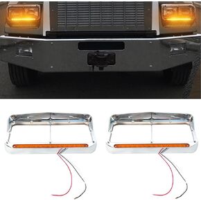 Pair Headlight Bezel Trim Chrome with 12" Amber LED Light Strip Replacement for Kenworth T400 T600 T800 W900B W900L Peterbilt 378 379 Western Star 4900 Freightliner FLD Classic XL 4x6 Light