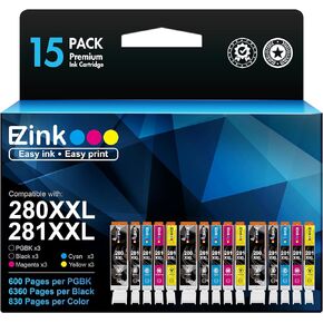 E-Z Ink Compatible Ink Cartridge Replacement for Canon PGI-280XXL CLI-281XXL to use with PIXMA TR7520 TR8520 TS6120 TS6220 TS6320 TS8120 TS8220 TS9120 TS9520 TS9521C Printer (15 Pack)