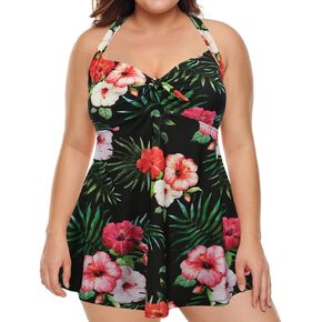 HDE Women's One Piece Swimdress Plus Size Tummy Control Boy Short Retro Swimsuit