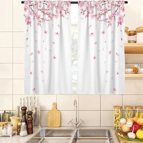 Pink and White Kitchen Curtains Floral Flower Cherry Blossom Girls Sakura Small Short 27.5" W x 39" L Window Treatment Tiers for Bedroom Living Room Bathroom 2 Panels Rod Pocket Drapes
