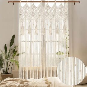 Boho Macrame Beaded Curtain Handmade Door String Curtain for Doorway Window Cotton Tassels Beads Hanging Hippie Room Divider Hallway Closet Bedroom Living Room Decor, 1 Panel 79" L x 35" W
