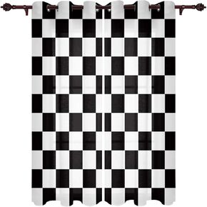 ستائر نافذة مع حلقات ستائر للمطبخ، نمط علم مربعات هندسي بسيط باللونين الأسود والأبيض، لوحتين ستائر معالجة النوافذ لغرفة المعيشة/الحمام/المكتب 80 بوصة عرض × 63 بوصة طول in Kuwait