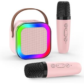 آلة كاريوكي مع 2 ميكروفونات لاسلكية، آلة كاريوكي صغيرة محمولة بلوتوث، مكبر صوت كاريوكي مع أضواء LED، ميكروفون للأطفال ألعاب هدايا عيد ميلاد للفتيات 3-12 سنة in Kuwait
