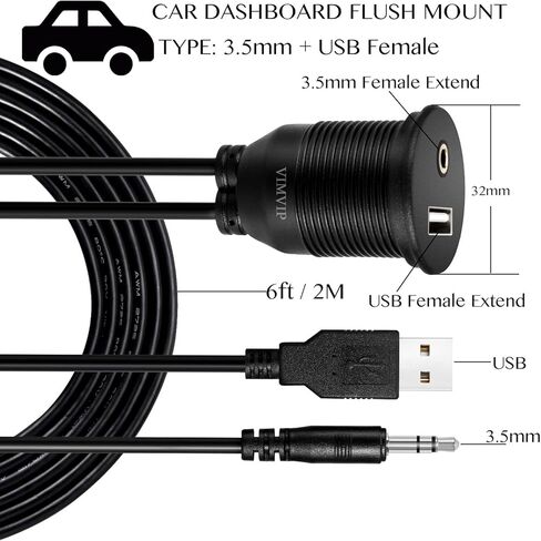 VIMVIP® USB و3.5 مم AUX تمديد كابل صوت بطول 2 متر، 1/8 AUX سيارة دراجة قارب دراجة نارية الرصاص in Kuwait