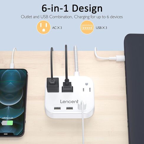 شريط طاقة LENCENT مع USB، 3 منافذ 3 منافذ شحن USB (17 وات/ 3.4 أمبير)، قابس مسطح مع سلك تمديد مضفر بطول 6.6 قدم، قابل للتركيب على سطح المكتب والجدار، صغير الحجم لسفينة الرحلات البحرية، والسفر، والمنزل، والمكاتب - مدرج في قائمة ETL in Kuwait